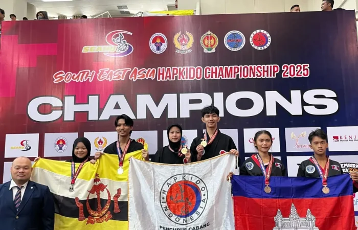atlet Hapkido asal Depok berhasil meraih medali emas dalam ajang 2nd South East Asia Hapkido Union (SEAHU) Championship 2025 yang berlangsung di Student Center Universitas Atmajaya Yogyakarta, 14–15 Juni 2025. (Foto: Koni Depok)